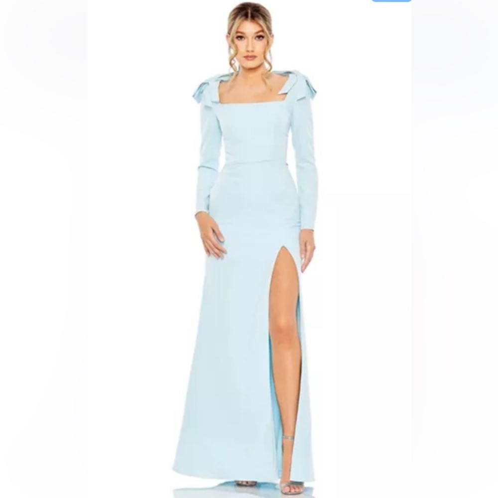 Mac Duggal Pale Blue Long Sleeve Gown with High Thigh Slit